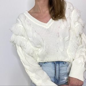 TCEC ivory v-neck frill fringe boho sweater small